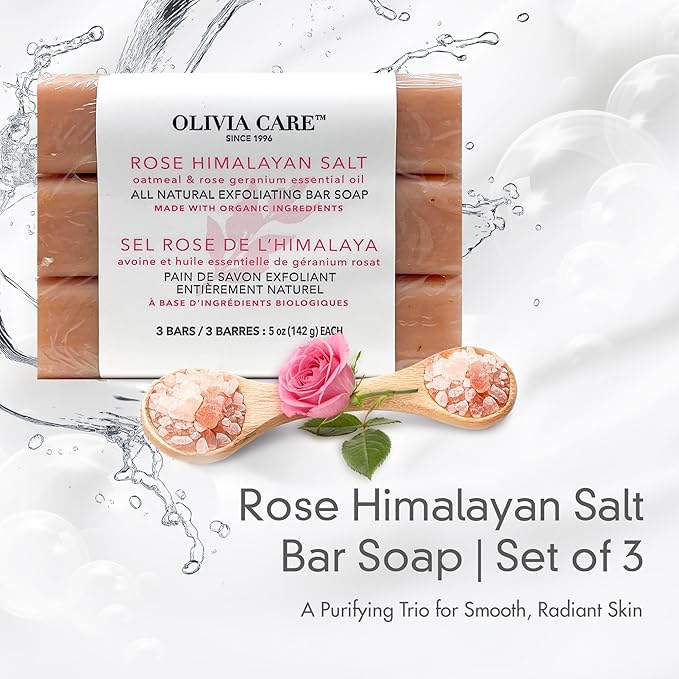 Olivia Care Exfoliating Bar Soap With Rose Himalayan Salt Natural & Organic - Infused w/Oatmeal & Rose Essential Geranium Oil - Moisturize, Detoxify, Hydrate - 3 X 5 OZ
