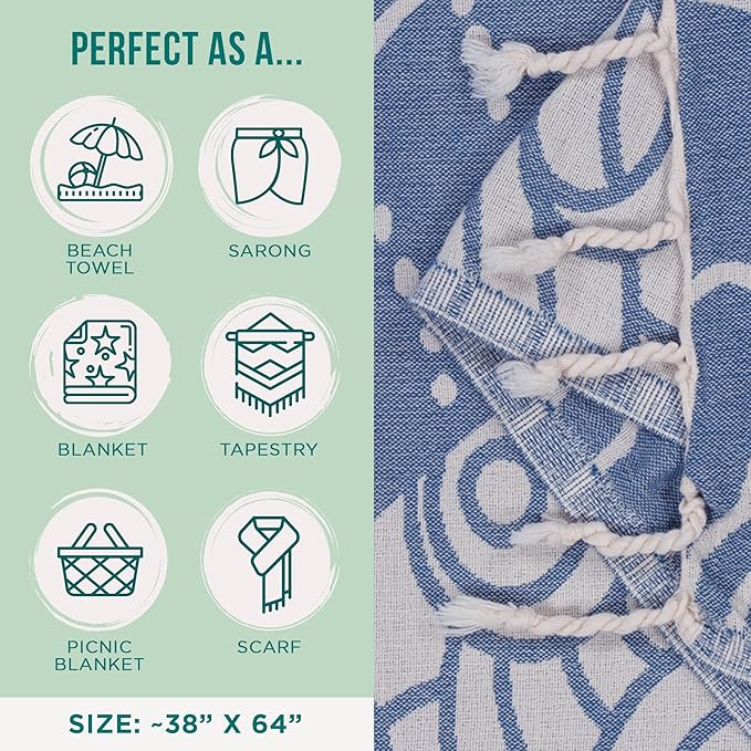 Sand Cloud Turkish Beach Towel - Sand Free - 100% Organic Turkish Cotton Yarn - Quick Dry Towel for Beach, Picnic, Blanket or Bath Towel - As Seen on Shark Tank - Marine Life (Whale Shark)