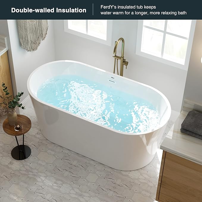 FerdY Shangri-La 59" Acrylic Freestanding Bathtub, Classic Oval Shape Acrylic freestanding tub Modern White, cUPC Certified, Chrome Drain and Classic Slotted Overflow Included