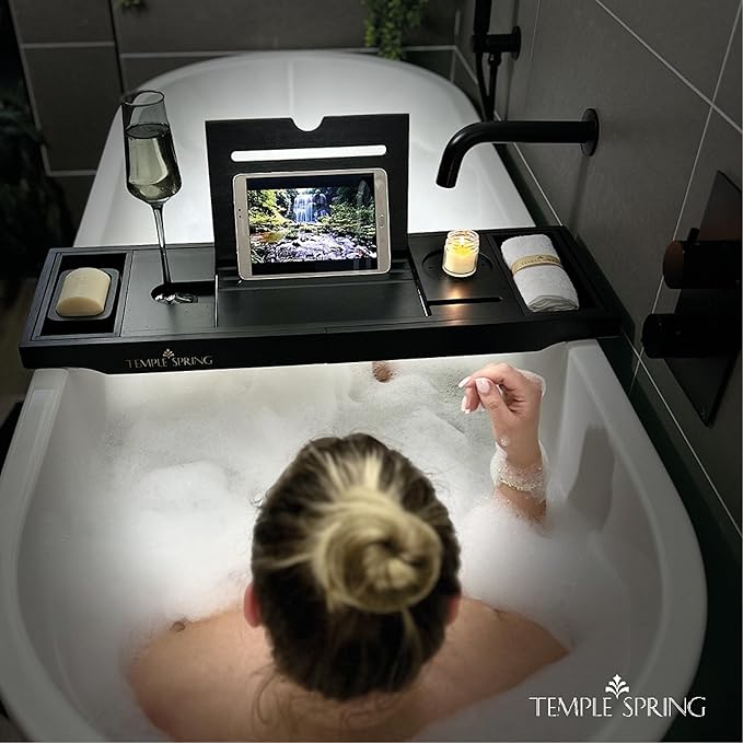 Temple Spring Wooden Bathtub Tray, Bamboo Bathroom Accessories, Bath Tray for Tub, at Home Spa Essentials, Board for Tub Table, Bath Caddy for Bathtub Accessories & Bathroom Essentials – Black