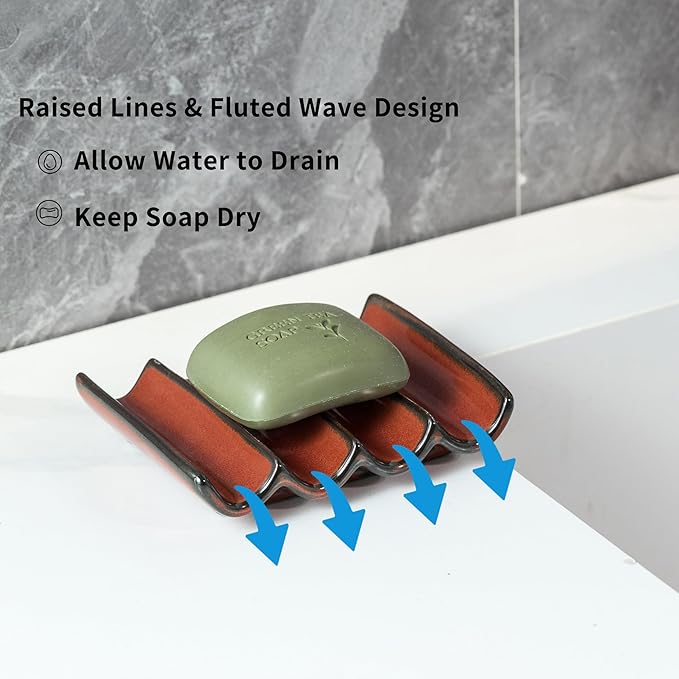 Bathroom Soap Dish for Shower, Bar Soap Holder with Self Drain, Ceramic Soap Saver Tray for Bathroom Sink, Kitchen Counter, Drain Fluted Design to Lift Soap Keep Dry, Red