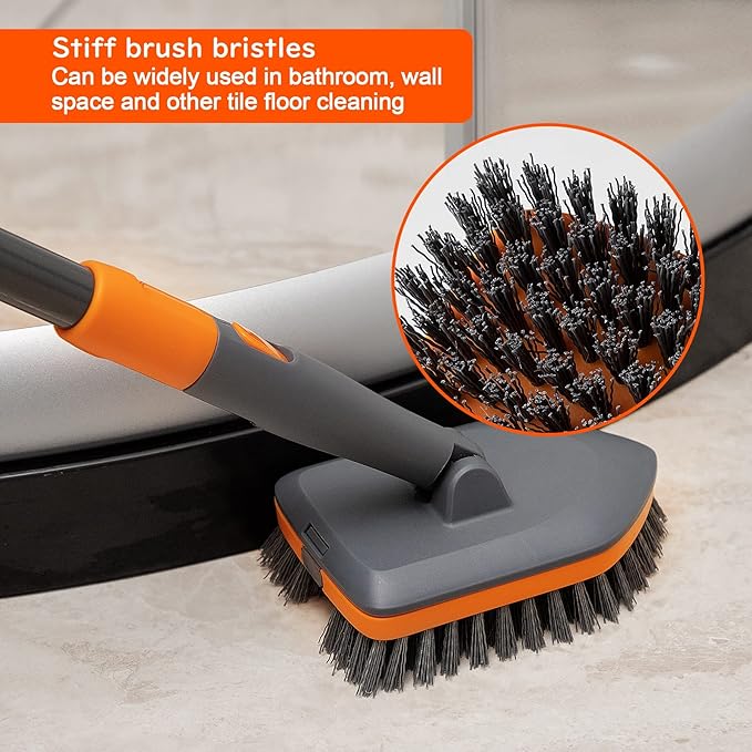 Tile Tub Scrubber Brush with 3 Different Function Cleaning Heads and 56" Extendable Long Handle-No Scratch Shower Scrubber for Cleaning Bathroom Kitchen Toilet Wall,Bathtub,Sink,Grey