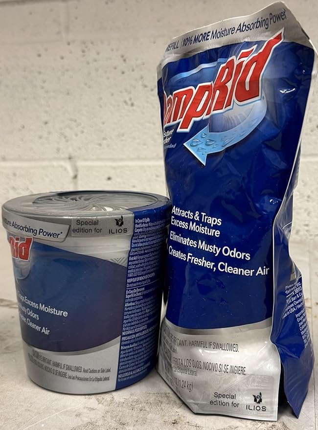 Damp Rid Refillable Moisture Absorber, Includes Single Damp Rid Pure Linen 11oz. Cup & 44oz. Refill Bag - Moisture Absorbers for Closet, 10% More Absorbing Power*, Cleaner Air - ILIOS Packaging.