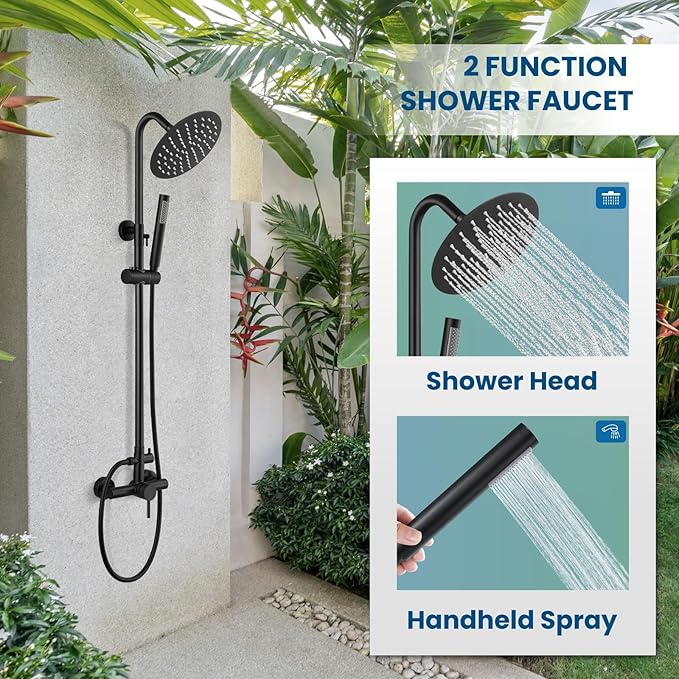 gotonovo SUS304 Outdoor Shower Fixture High Pressure Shower System Wall Mount 2 Dual Function Single Handle Shower Kit with 8 Inch Shower Head and Handheld Spray Shower Faucet Combo, Matte Black
