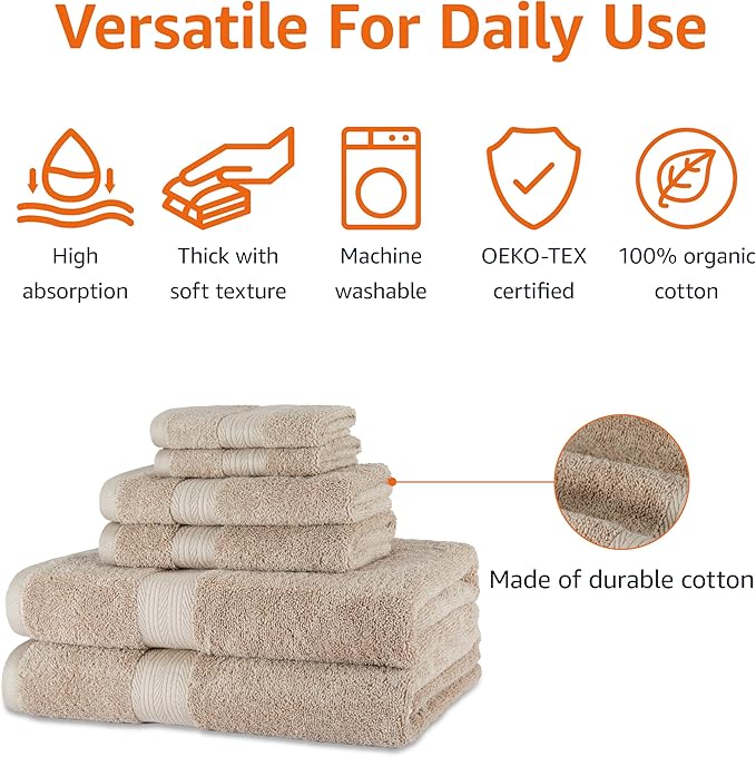 Amazon Basics Fade Resistant Bath, Hand and Washcloth Towel Set, 100% Cotton, Set of 6, 30 x 54 inches, Taupe