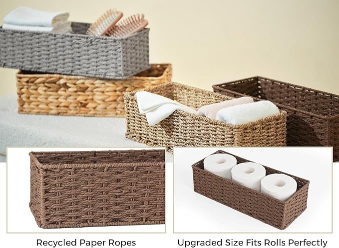 StorageWorks Round Paper Rope Toilet Tank Topper Basket, Wicker Basket for Bathroom, Brown, 2-Pack
