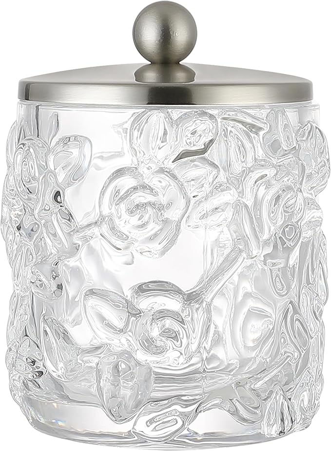 Clear Transparent Apothecary Floral Embossed Glass Jar With Satin Nickel Metal Lid Cover for Bathroom Organization, Cotton Balls, Q Tips, and Small Accessories, Bathroom Storage