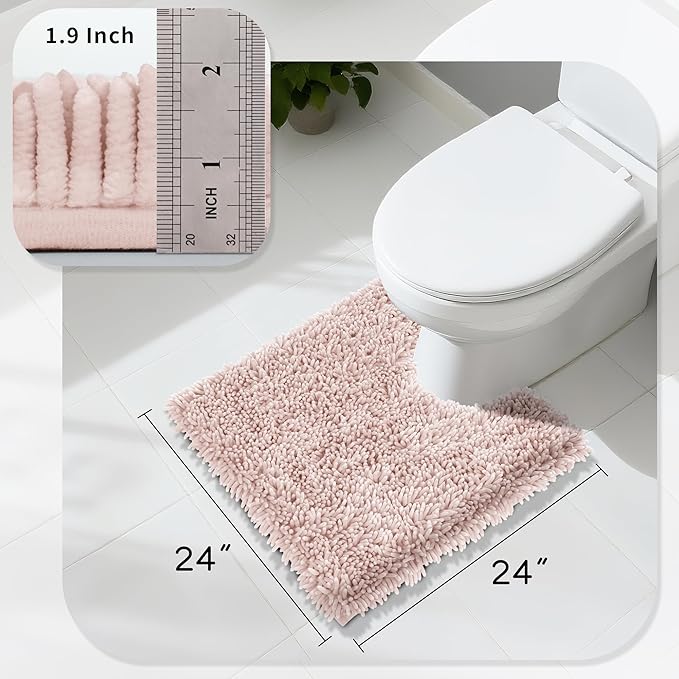 Yimobra Toilet Rugs U Shaped Washable, Extra Thick Soft Absorbent Chenille Contour Bathroom Rugs for Toilet 24x24 Inch, Quick Dry Non Slip Toilet Mat for Bath Floor, Pink