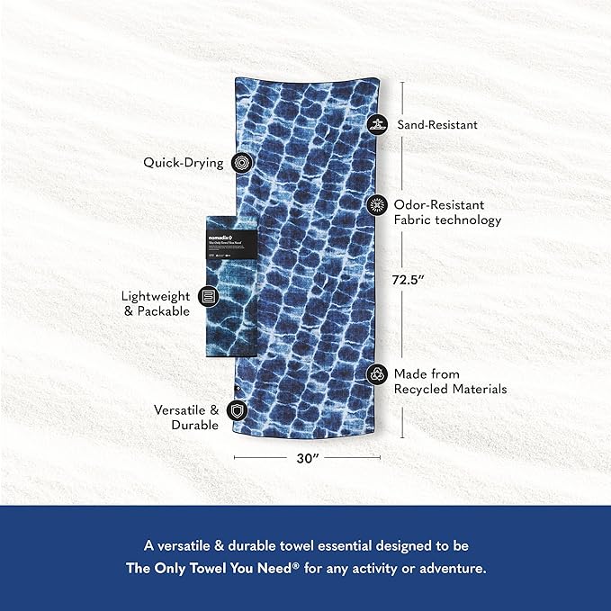 Nomadix Original Towel - Perfect for Beach, Pool, Travel, Camping, Yoga - Made with Recycled Materials - Super Absorbent - Sand Resistant- Aqua Blue - 72.5x30