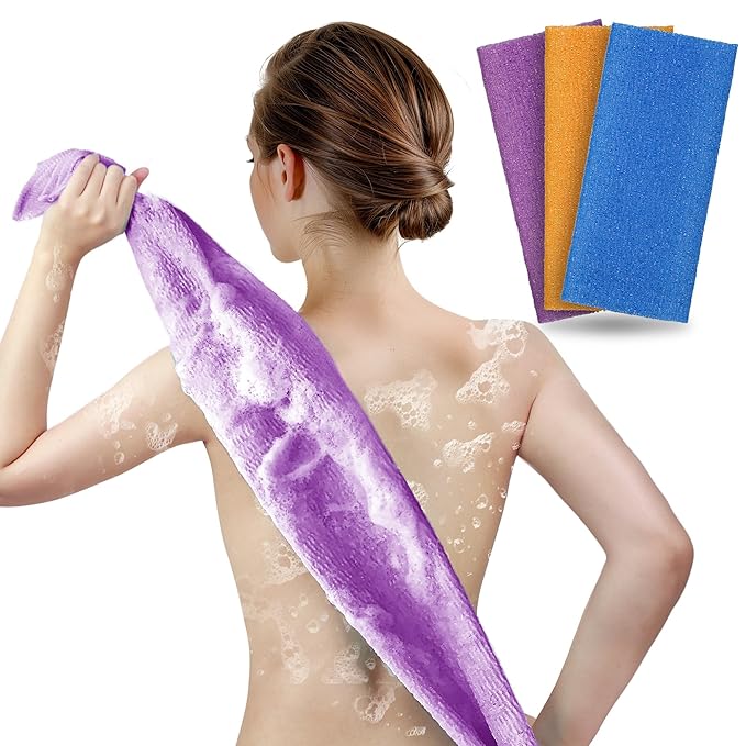 ARCH&M 3 Pack Exfoliating Towel for Body, 35-Inch Korean & Japanese Style Washcloth for Shower, Deep Clean & Smooth Skin, Nylon Back Scrubber, More Hygienic Than Loofah (Orange Purple Navy-Blue)