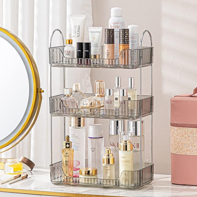3-Tier Gray Countertop Storage - Bathroom & Kitchen Organizer, Cosmetics & Makeup Shelf, Spice Rack