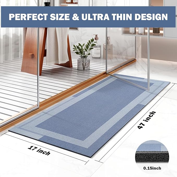 Non Slip Long Bath Mat Bathroom Runner, Rubber Backing Ultra Thin Bathroom Rugs Fit Under Door Quick Dry Super Absorbent Washable Bath Rug Shower Mat for Bathtub Sink Floor, Blue 17"x47"