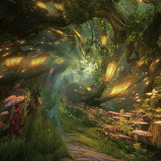 Fantasy Forest Path Shower Curtain Fairy Magical Enchanted Misty Jungle Mushroom Floral Tree Butterfly Lantern Wonderland Plant Bath Curtain Fabric Bathroom Accessories Decor with Hooks 70W x80L