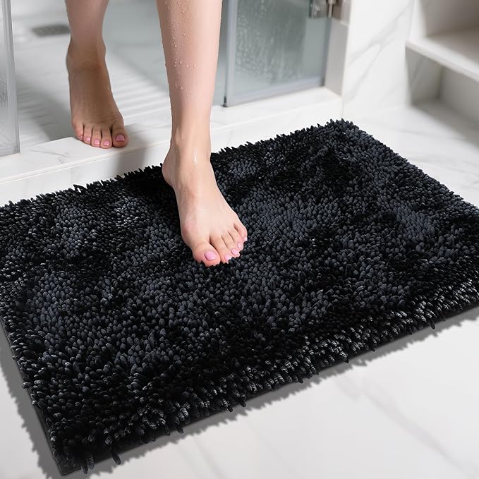 Yimobra Chenille Bathroom Rugs Non Slip, Extra Thick Soft Absorbent Bath Rug 31.5x20 Inch, Machine Washable Quick Dry Bath Mat for Bathroom Floor, Tub and Shower, Home Decor Accessories, Black