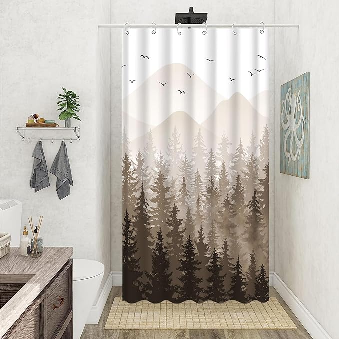 Aipon Brown Misty Forest Shower Curtain Ombre Nature Tree Plants Shower Curtains Fabric Waterproof Mountain Shower Curtain Sets for Bathroom Bath Decor (Brown, 36'' × 72'')