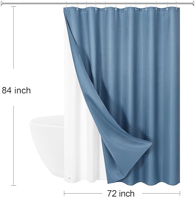 3 in 1 Extra Long Moonlight Blue Shower Curtain Set-72 W x 84 H, Modern Waffle and PEVA Liner Set with 12 Stainless Steel Hooks, Waterproof Fabric for Bathroom