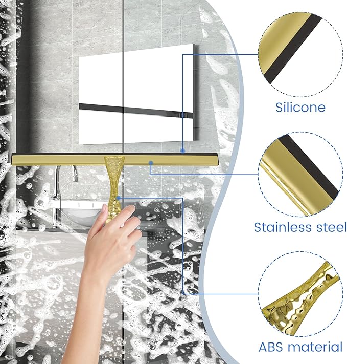 All-Purpose Silicone Shower Squeegee for Shower Glass Door,with 1 Hooks,for Bathroom Glass, Car, Tile Wall, Mirror Cleaning - Flower Shaped Handle for Easy-Grip 10 Inch Golden