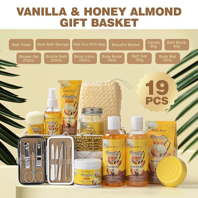 Bath & Body Gift Set, 19pcs Vanilla & Honey Almond Scents Bath Gift Baskets Home Spa Gift, Bath Spa Kit For Women and Men Luxury Home Spa Bath Gift Basket, Skin Care Gift Set, Spa Gifts, Pamper Gifts