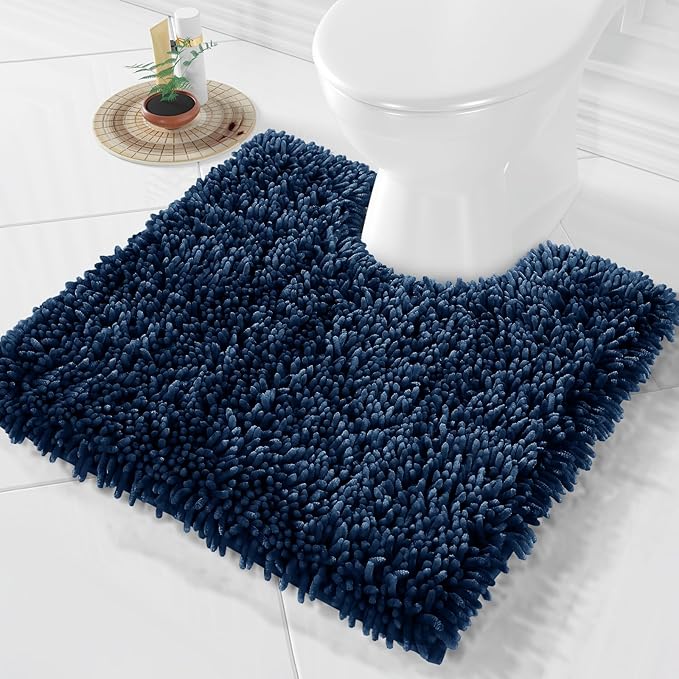 Yimobra Toilet Rugs U Shaped Washable, Extra Thick Soft Absorbent Chenille Contour Bathroom Rugs for Toilet 24x24 Inch, Quick Dry Non Slip Toilet Mat for Bath Floor, Navy Blue