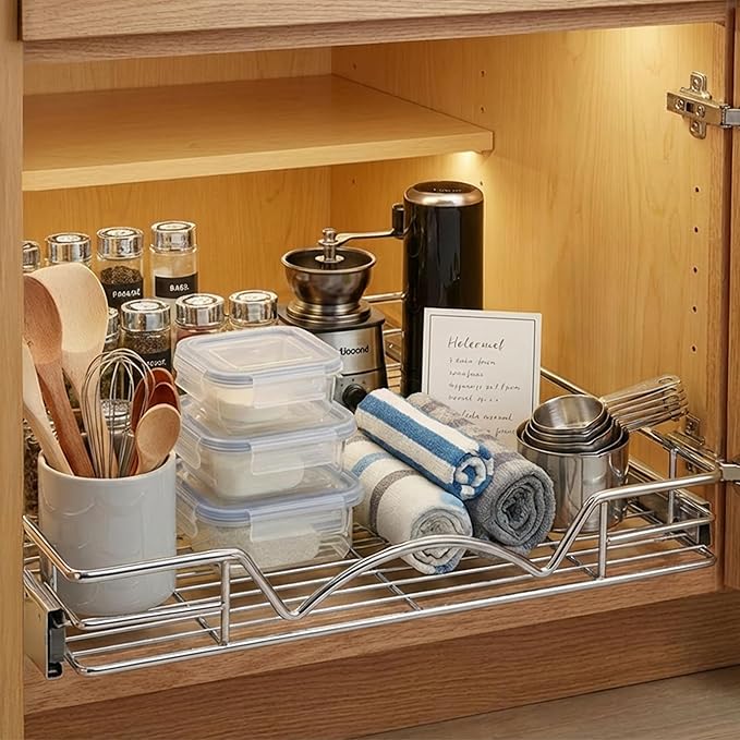 HOLDN’ STORAGE Pull Out Cabinet Organizer, Heavy Duty Caddy w/Lifetime Limited Warranty -11”W x 21”D - Requires At Least 12-1/4” Cabinet Opening, Steel Metal Cabinet Drawers Slide Out, Chrome