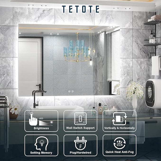 TETOTE 48 x 36 Inch LED Backlit Bathroom Mirror with Lights, LED Vanity Mirror, Frameless, Anti-Fog, Dimmable, CRI90+, Touch Button,Water Proof, Horizontal/Vertical Wall Mounted