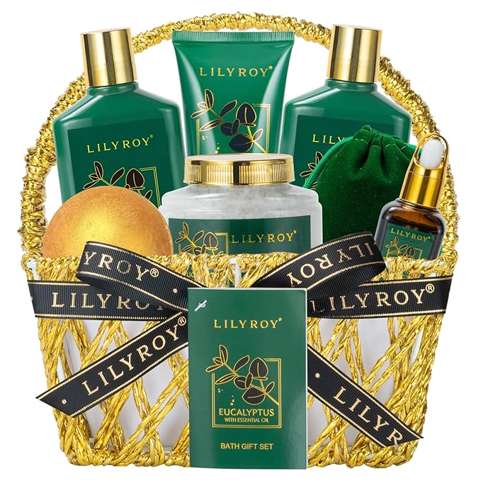 Spa Gift Basket for Christmas Gifts - 9 Pieces Premium Eucalyptus Bath & Body Care Kit for Women & Men, Holiday Gift for Mothers Day, Valentine's Day, Father's Day, Birthday with Shower Gel & More