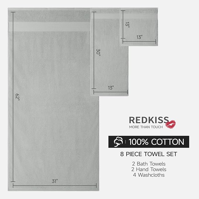 REDKISS Grey Towel Set of 8-100% Cotton Luxury Bath Towels Set for Bathroom, 600 GSM Highly Absorbent Bathroom Towel with 2 Large Bath Sheet, 2 Hand, 4 Washcloths, Grey Shower Towels for Dorm