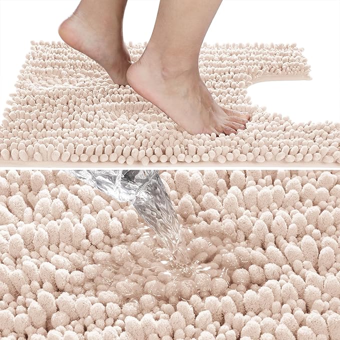 Yimobra Toilet Rug U Shaped Washable 24x20 Inch - Ultra Soft Absorbent Chenille Bath Rugs for Toilet, Quick Dry & Machine Washable, Non Slip Contour Bathroom Mat, Pinkish Beige