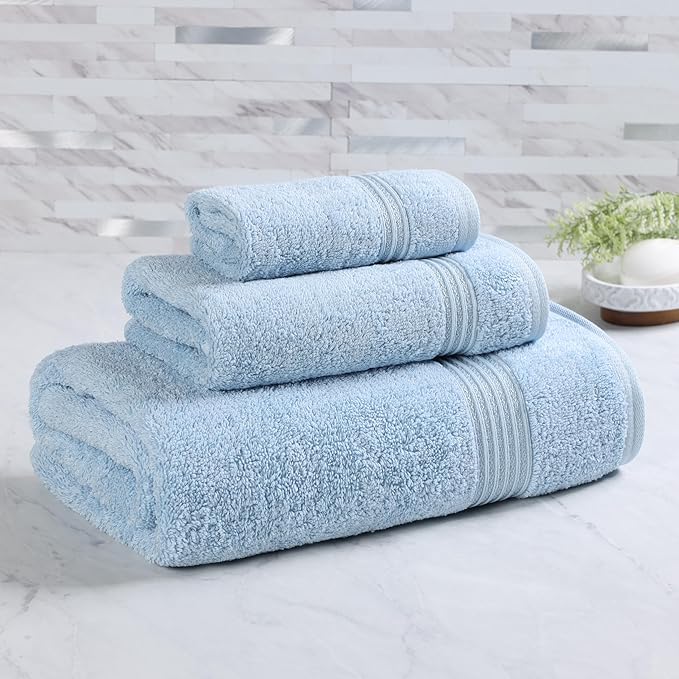 Superior Egyptian Cotton 3-Piece Towel Set, Basic Towels For Bathroom, Home Decor, Guest Bath, Shower, Apartment, Included 1 Face, 1 Hand, 1 Bath Towel, Washcloth, Quick Dry, Light Blue