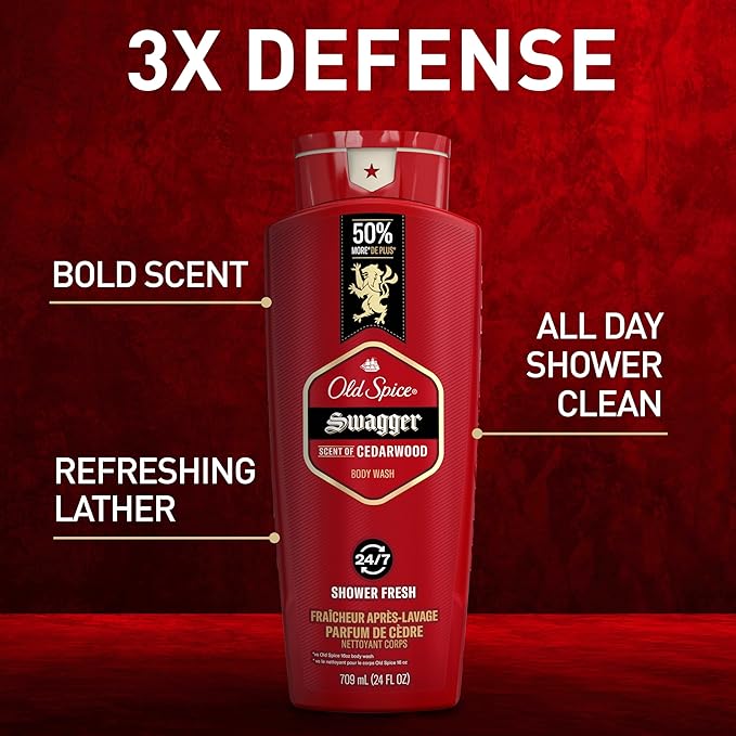 Old Spice Refreshing Body Wash for Men, 3X Defense, 24/7 Shower Fresh with Long Lasting Scent, Red Collection, Swagger with Cedarwood Scent, 24 oz (Pack of 2)
