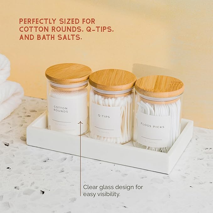 Mini Glass Apothecary Jars, Container Set, Bathroom Organizers and Storage, Bathroom Decor, with Bamboo Lids, Small Kitchen Containers, For Cotton Balls, Pads and Swabs, 10 oz, Set of 3