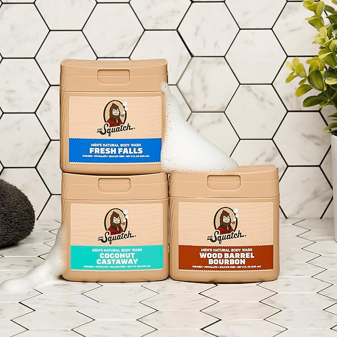 Dr. Squatch NEW Body Wash for Men with Nourishing, Natural Ingredients | No Paraben, Phthalate, Sulfate | All Day Moisturization | Wood Barrel Bourbon, Fresh Falls & Coconut Castaway (8 oz, 3-Pack)