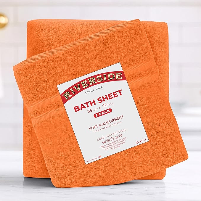 RIVERSIDE Pack of 2 Extra Large Bath Sheets 35 x 70 Inches - 100% Ring Spun Cotton Hotel Quality Oversized Bath Towels - Super Soft, Highly Absorbent & Quicker to Dry - Orange