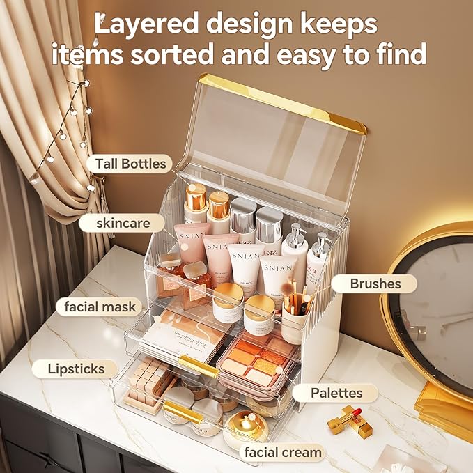 Makeup Organizer Countertop with Lid, Skincare Organizers for Vanity, 3 Tiers Clear Makeup Storage Cosmetic Display Cases Holder for Bedroom Bathroom Dresser Desk Countertop