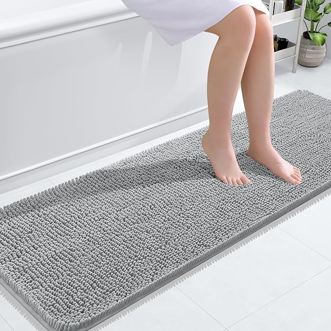 OLANLY Bathroom Rugs 59x20, Extra Soft Absorbent Chenille Bath Rugs, Rubber Backing Quick Dry, Machine Washable Bath Mats for Bathroom Floor, Tub and Shower, Home Decor Accessories, Light Grey