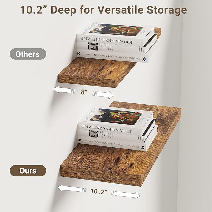 Vivelove 10 Inch Deep Floating Shelves 16 inch Long, 16 x 10 Wide Wall Shelves with Invisible Brackets, for Bedroom Bathroom Living Room Kitchen Office, Farmhouse Home Decor, Set of 2, Rustic Brown