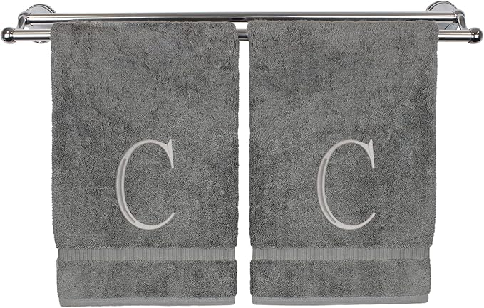 Monogrammed Hand Towel, Personalized Initial Gift, Extra Absorbent 100% Turkish Cotton - Soft Terry Finish - Set of 2 - Silver Block Initial C - Embroidered on Grey Towels