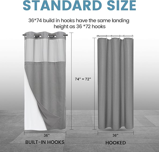 Stall No Hook Shower Curtain with Snap in Liner,230GSM Waffle Weave Shower Curtains for Bathroom,36W x 74H,Grey
