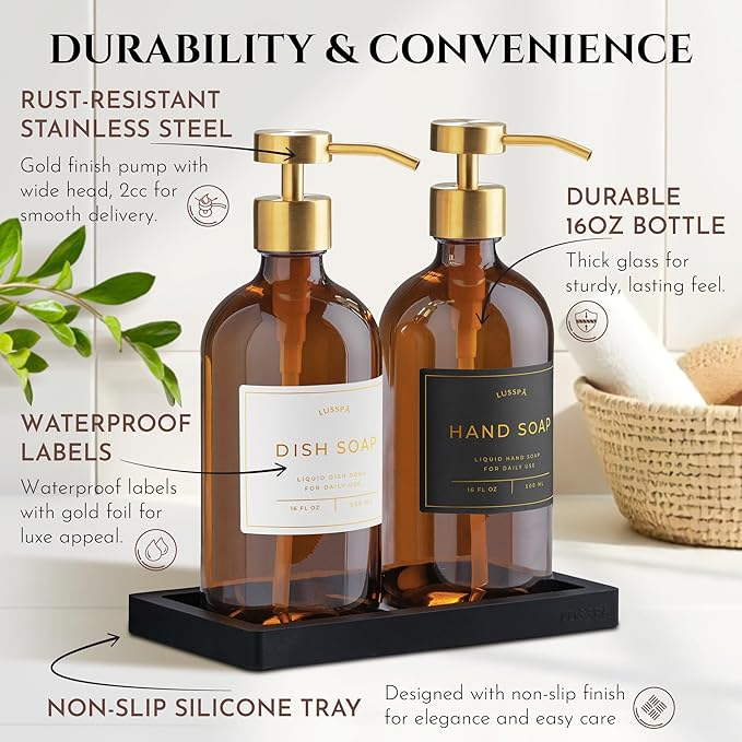 Lotion, Hand & Dish Soap Dispenser for Kitchen Sink - Bathroom Soap Dispenser Set of 2 16.8 Oz Glass Bottles with Stainless Steel Pump, 15 Water Proof Labels & Silicon Tray (Amber/Gold)
