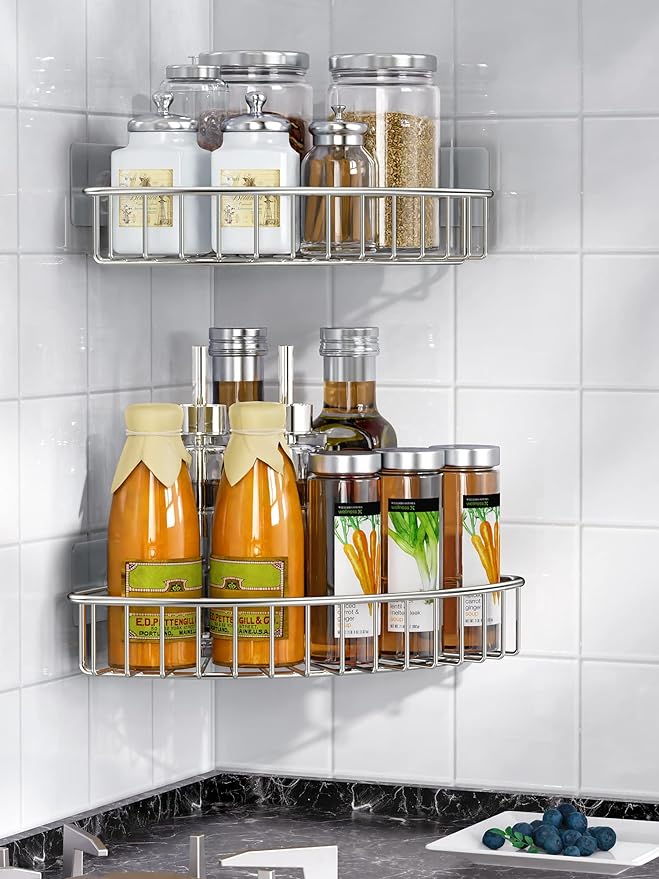 SMARTAKE 2-Pack Corner Shower Caddy, SUS304 Stainless Steel, Wall Mounted Bathroom Shelf with Adhesive, Storage Organizer for Toilet, Dorm and Kitchen (Silver)