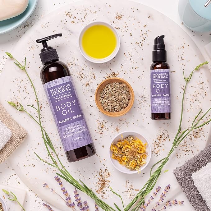 Ora's Amazing Herbal Moisturizing Lavender Body Oil for Women and Men, Nourishing Oil for Dry Skin, Relaxation, Massage Oil, Blissful Earth Scent, 2 oz, Travel Size with Pump