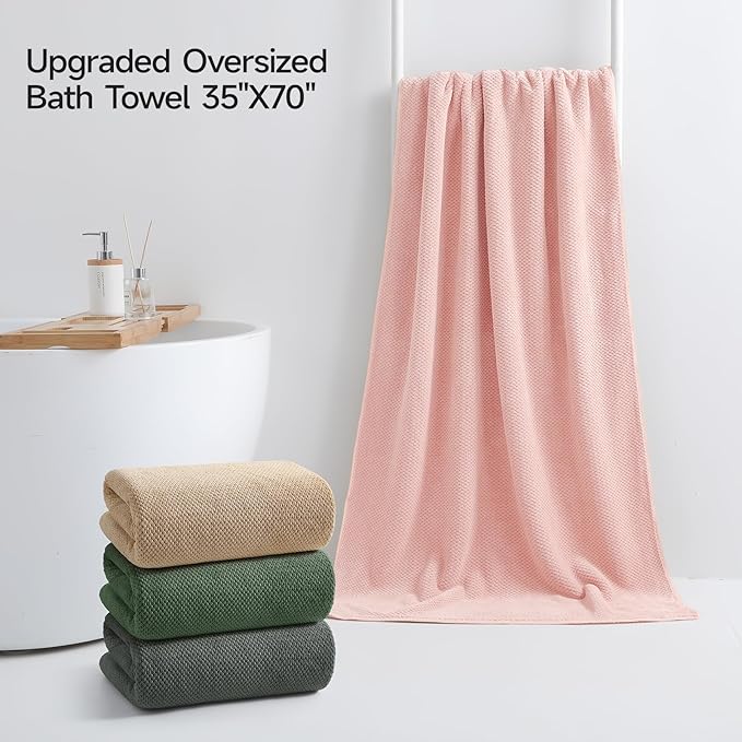REDKISS Soft Bath Towels Set of 4-35 x 70 in Extra Large Coral Fleece Bath Towel, Highly Absorbent Plush Bathroom Towels for Adult, Quick Dry Towel Set for Spa, Gym, Travel, Pink, Camel, Olive, Gray