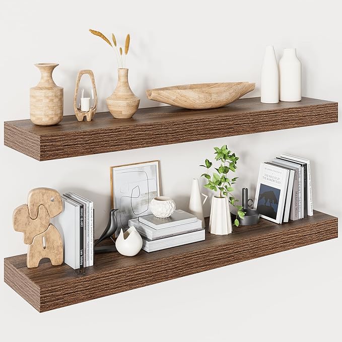 Heimlove Floating Shelves for Wall 36 Inches Long,9.3" Deep Walnut Floating Shelf Set of 2,Wall Mounted Shelves for Bathroom Bedroom Living Room Kitchen Office,Shelf for Books Storage,Home Decor