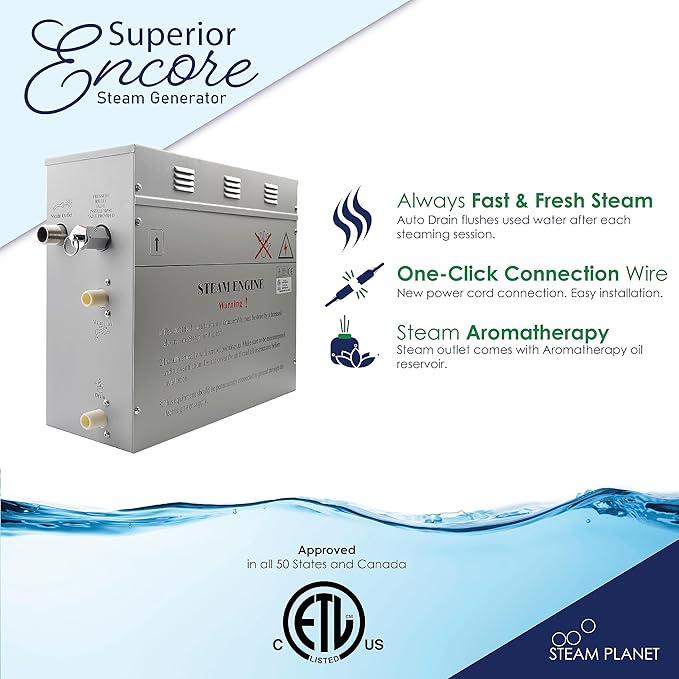 Superior Encore Plus 18kW Steam Shower Generator Kit with Horizontal White Keypad & Aromatherapy Oils Set |Self-Draining Steam Generator|One-click Connection Cord|Bluetooth Audio|