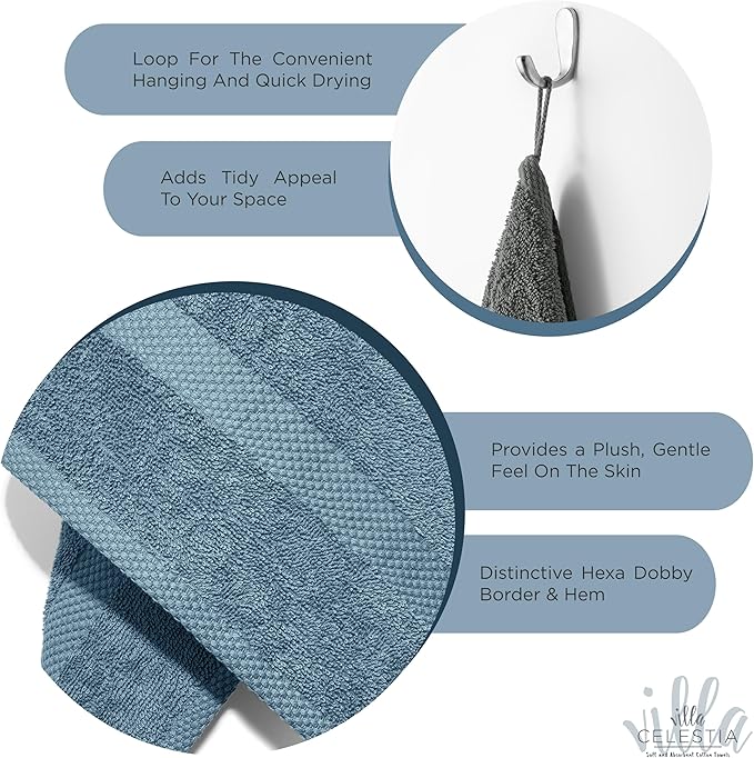 100% Cotton Bath Towel Set of 24-6 Bath Towels, 6 Hand Towels, 12 Wash Cloths, Sustainable, Soft, Highly Absorbent, Combed Cotton 24 Piece Set for Hotels, Spa, Bathroom, Dorm, Blue