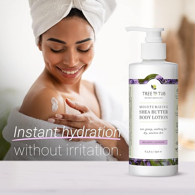Tree to Tub Lavender Shea Butter Body Lotion for Dry Skin - Moisturizing Sensitive Skin Lotion for Women & Men, Vegan Body Moisturizer w/Organic Aloe Vera, Cocoa Butter, All Natural Colloidal Oatmeal