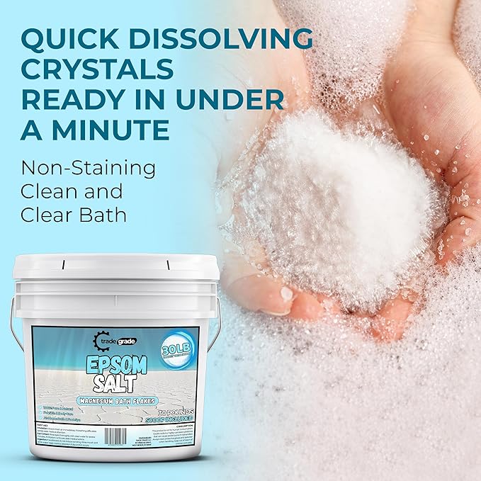 Epsom Salt Bath Soak 30 lb Bucket – Unscented, Pure Epsom Salt Bulk Crystals, Magnesium Sulfate for Full Body or Foot Soaks, Resealable Container with Scoop for Home Bath Use