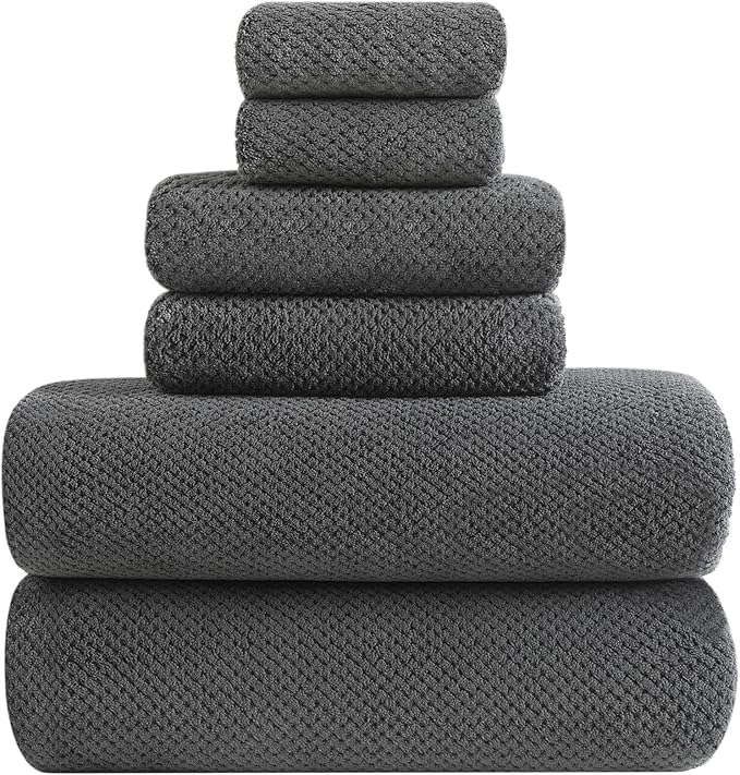 YTYC 29x59 Inch Extra Large Bath Towels Set of 6 Quick Dry Super Soft Microfiber Towels for Bathroom 80% Polyester (Charcoal Grey, 6 Piece)