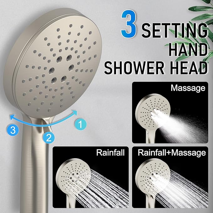 Iriber Thermostatic Shower System Wall Mount with 10 Inch Roud Rainfall Shower Head and Handheld,Shower Faucet Mixer Trim Kit (Valve Included),Brushed Nickel