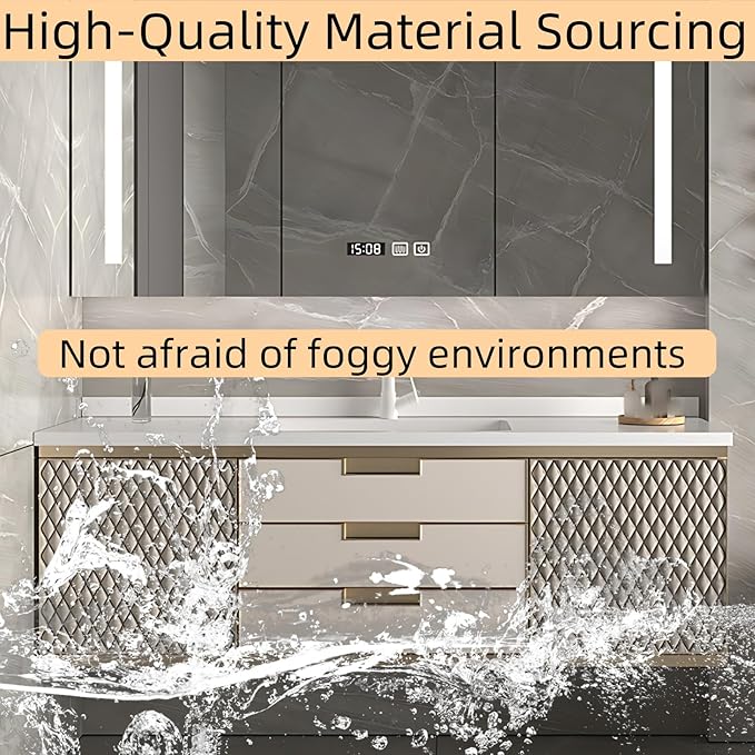 72IN Modern Bathroom Vanity - Wall-Mounted Bathroom Cabinet with LED Light | Intelligent Defogging Mirror Cabinet Includes Time Display Function, 2 Drawers & 2 Storage Cabinets (Style B)